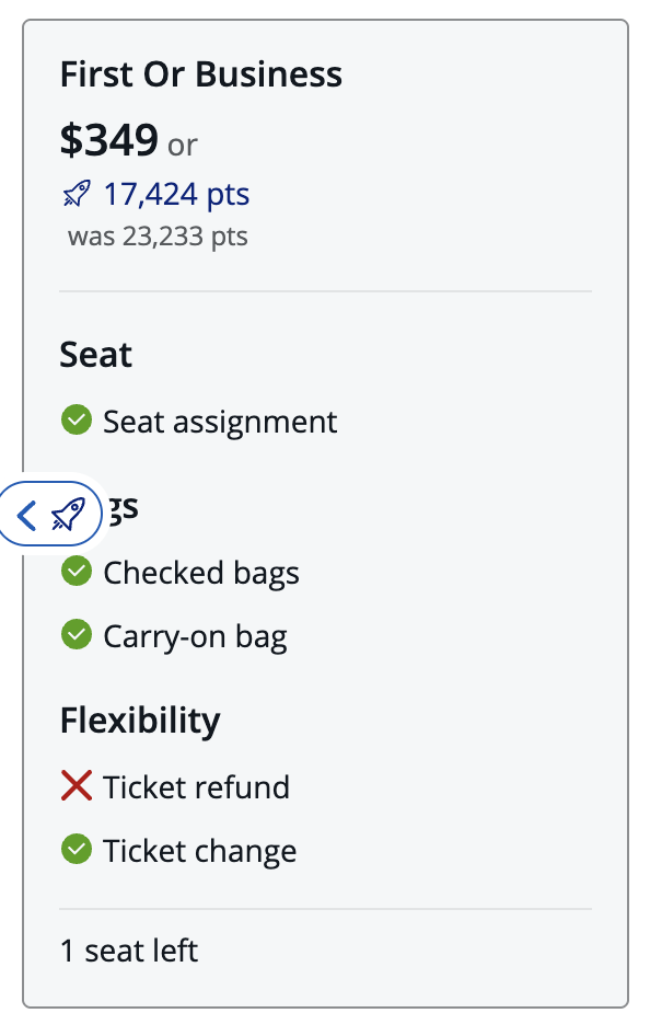 This image shows a flight booking option for "First Or Business" class. The price is $349 or 17,424 points, reduced from 23,233 points. It includes seat assignment, checked bags, and a carry-on bag. Ticket refund is not available, but ticket change is allowed. There is only one seat left.